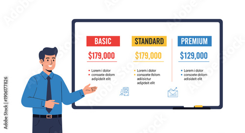 Man presenting pricing plan on screen.
