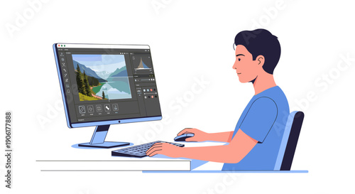 Man working on computer with graphic design.