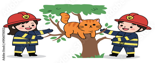 two cartoon firefighters rescuing a ginger cat from a tree 