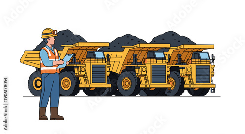 Mining Worker Inspecting Heavy Dump Trucks.