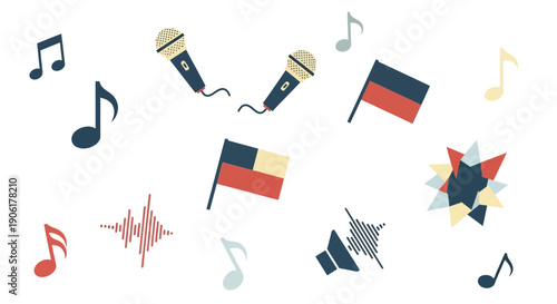 A vibrant collection of musical notes, microphones, flags, and sound wave graphics on a white background.