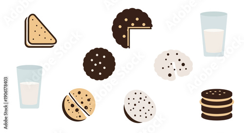 A delightful assortment of cookies and glasses of milk arranged in a visually appealing composition.