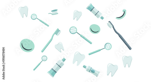 A vibrant collection of dental hygiene tools and tooth illustrations scattered across a white background, promoting oral care.