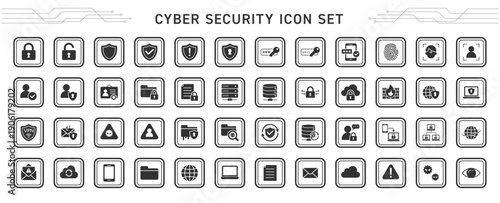 サイバーセキュリティの四角囲いアイコンセット｜ネットワーク・情報保護