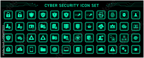 サイバーセキュリティの丸囲いアイコンセット（緑）｜ネットワーク・情報保護