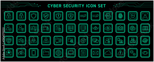 サイバーセキュリティの四角囲いアイコンセット（緑）｜ネットワーク・情報保護