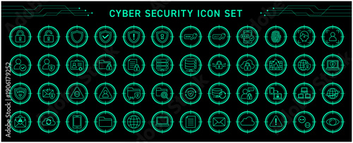 サイバーセキュリティの四角囲いアイコンセット（緑）｜ネットワーク・情報保護
