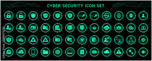 サイバーセキュリティの四角囲いアイコンセット（緑）｜ネットワーク・情報保護