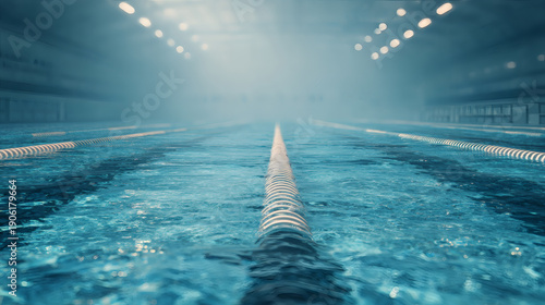 Empty Indoor Olympic Swimming Pool with Blue Water and Misty Atmosphere featuring Lane Dividers and Bright Overhead Lighting for Professional Sports Training and Competition
