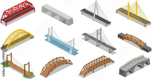 Isometric vector illustration of diverse bridge designs including suspension, arch, truss, beam, cable-stayed, pedestrian, wooden, and stone structures for engineering and architecture