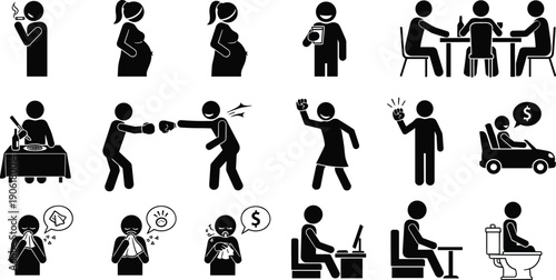 Stickman, icons, representing, smoking, pregnancy, drinking, boxing, anger, driving, illness, sneezing, working, at, computer, sitting, and, using, toilet, for, lifestyle