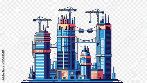 Cityscape with Construction Cranes and Buildings.