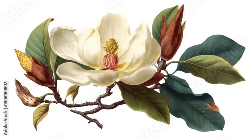 Magnolia bloom with green leaves and buds on branch.