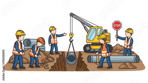 Construction Workers Installing Large Pipe Underground.