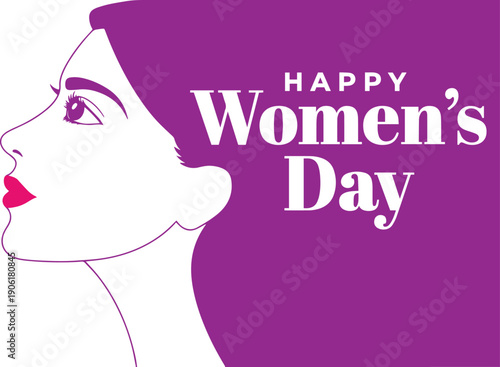 Elegant outline of a womans profile with purple hair and happy Womens Day message