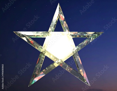 Shimmering five-pointed star with transparent reflective facets over a dark blue gradient