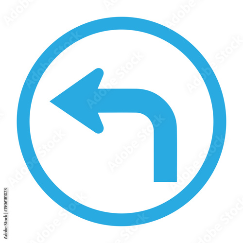Conceptual blue circular icon with a clear left-turn arrow, symbolizing navigation, direction, and path changes for digital interfaces and informational displays