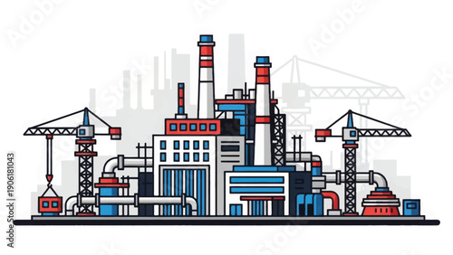 Industrial Factory Building with Cranes and Chimneys.