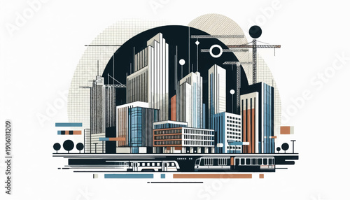 Modern City Skyline with Skyscrapers and Buildings.