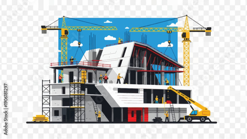 Modern House Under Construction with Cranes.
