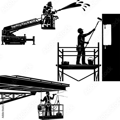 Industrial Workers and Firefighter at Heights Silhouette Set, Construction and Rescue Services Vector