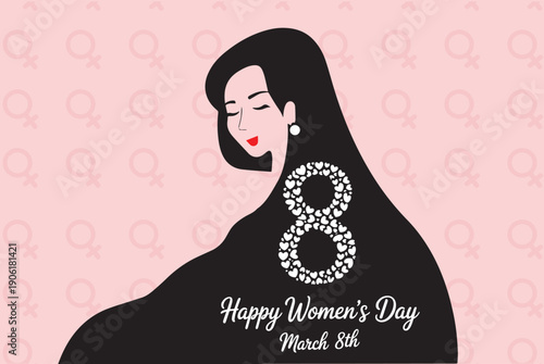 Happy Womens Day March 8th is celebrated with a woman having long black hair and a heart eight