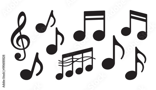 Music notes icon set on white background. musical symbols. melody signs in black silhouette