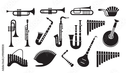 Musical instruments icon set on white background. wind instruments, percussion, string instruments
