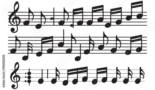 Musical score with treble clef, notes, and rests arranged on staff lines vector