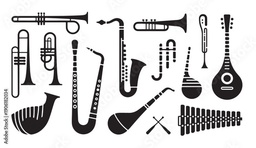 Set of black musical instrument icons including saxophone trumpet flute guitar and xylophone