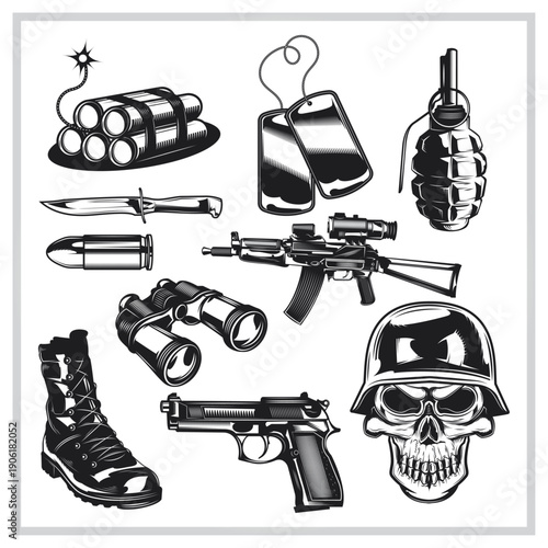 Assorted black and white illustrations of weapons, ammunition, and military gear