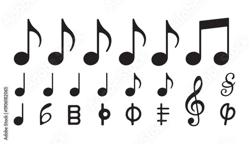 Music notation icons collection with treble clef quarter notes and various classical symbols