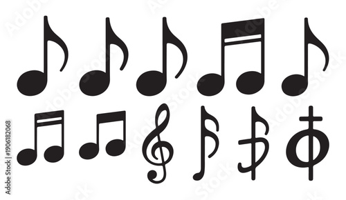 Black musical notes vector graphics featuring treble clef eighth notes and sixteenth symbols