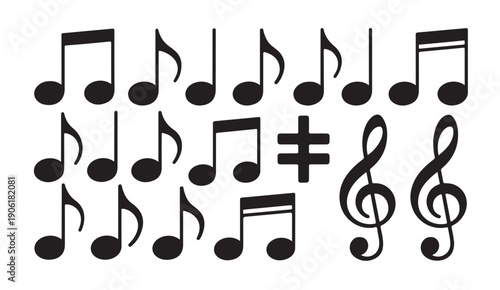 Music symbols and notes set containing treble clefs eighth notes and sixteenth note variations