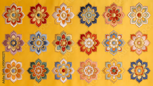 Vibrant Moroccan Tile Grid: Colorful Geometric Floral Pattern on Mustard