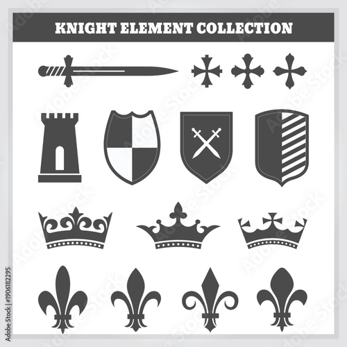 Medieval knight element collection featuring heraldic symbols and regal icons.