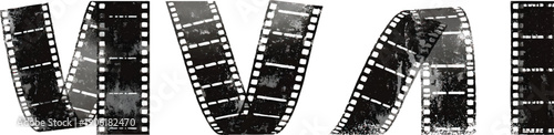 Set of film strips with a grunge texture, vector illustration, on a transparent background
