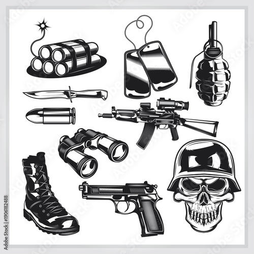 Assorted vintage-style weapons and objects in black and white illustration