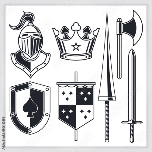Medieval heraldry and royal symbols depicted in a vintage style illustration