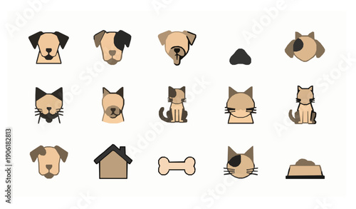 Pet icons pack with dog and cat symbols in modern flat vector style for web and app UI isolated on white background
