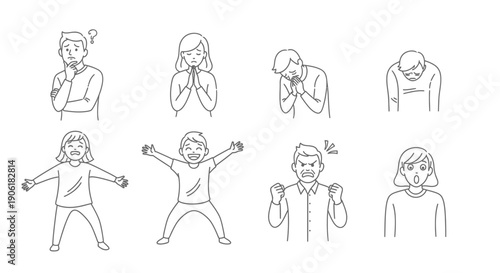 Line art illustrations of various human emotions and expressions including thinking, praying, sadness, excitement, anger, and surprise.