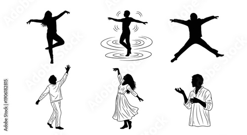 Collection of black and white illustrations depicting people in various dynamic poses, dancing, jumping, and expressing movement and joy.
