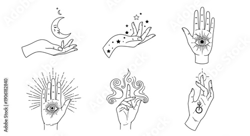 Six mystical line art illustrations of hands with celestial and magical symbols, including moons, stars, and all-seeing eyes.