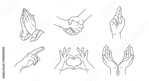 Six different hand gestures illustrated in line art, depicting various human interactions and expressions.