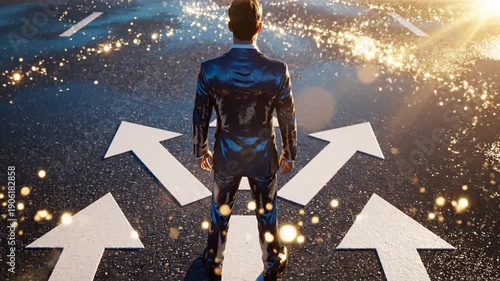 Wallpaper Mural A businessman stands at a crossroads with multiple paths ahead, contemplating his next step on a sparkling road. Torontodigital.ca
