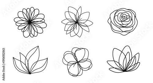 A collection of six minimalist black outline floral designs, showcasing various abstract flower shapes and botanical elements in a simple line art style.