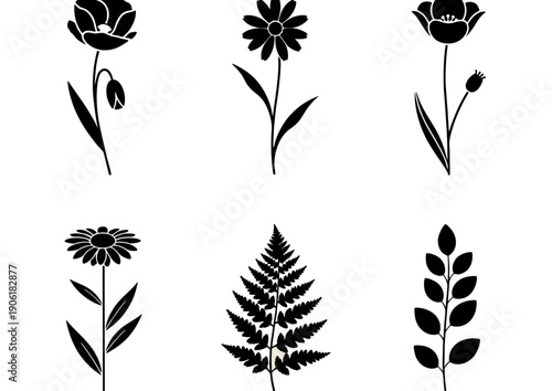 Minimal botanical flower and leaf icon vector set in black silhouette style. Ideal for logos, branding, packaging, wall art, stationery, and modern floral design projects
