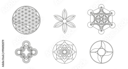 Six intricate sacred geometry patterns and mandalas, including the Flower of Life and Metatron's Cube, presented as line art on a white background.