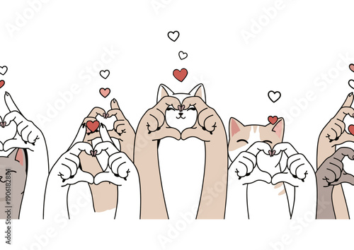 Cute cat illustration showing hand gestures forming heart shapes. Perfect for love themes, social media, stickers, t-shirts, greeting cards, and playful animal designs