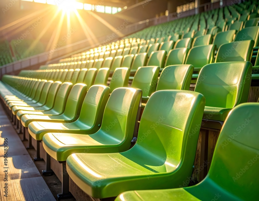 Fototapeta premium Empty stadium green seats bathed in sunlight